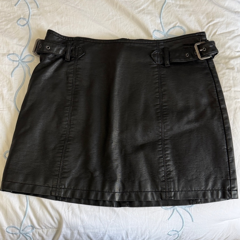 Free People Black leather Mini Skirt with Buckle Detail